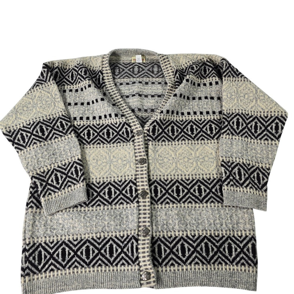 Winona‎ Knits Vintage Wool Blend Geometric Cardigan Sweater Grey XL Made in USA